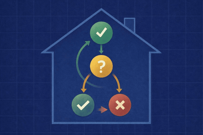 Household prop firm compliance decision tree with safe, caution and risky paths