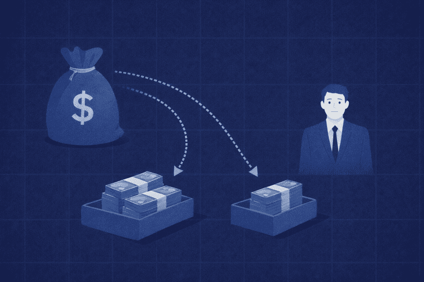 Diagram of a $10,000 profit divided by a 90/10 split: trader receives $9,000, firm keeps $1,000