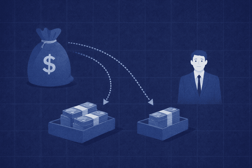 Diagram of a $10,000 profit divided by a 90/10 split: trader receives $9,000, firm keeps $1,000