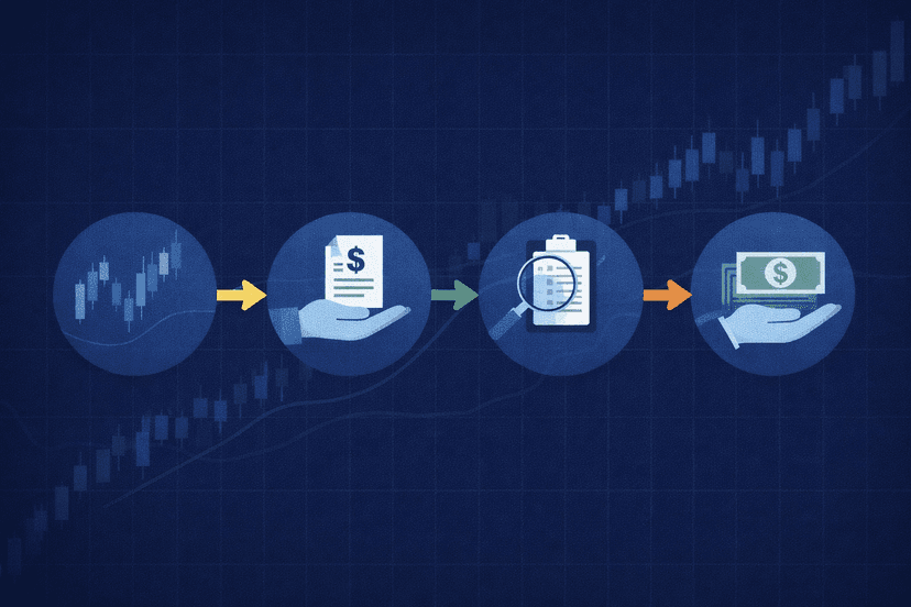 Payout cycle timeline from first trade on day 0 to payout request on day 14, review and payment