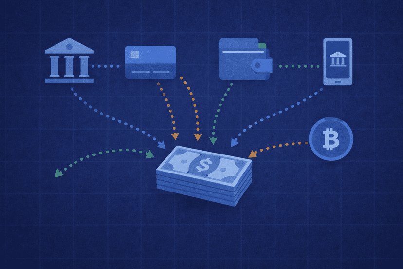 Icons of prop firm payout methods: bank wire, card push, e-wallet, crypto and instant bank transfer
