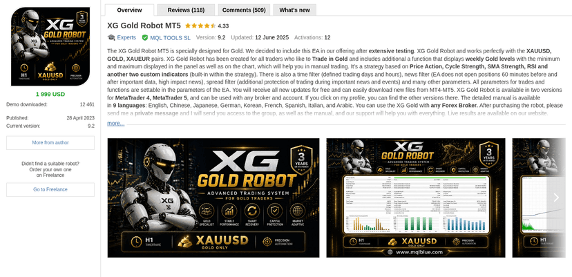 XG Gold Robot MT5 listing on the MQL5 market