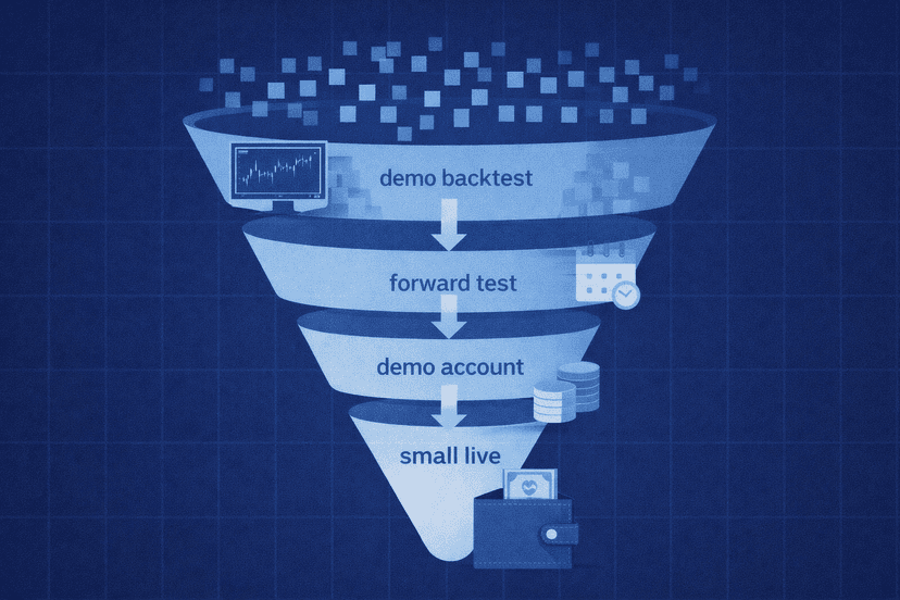 XG Gold Robot testing funnel from backtest to small live account